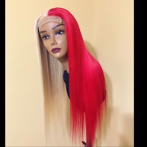 26 inch half red half blonde lace closure wig